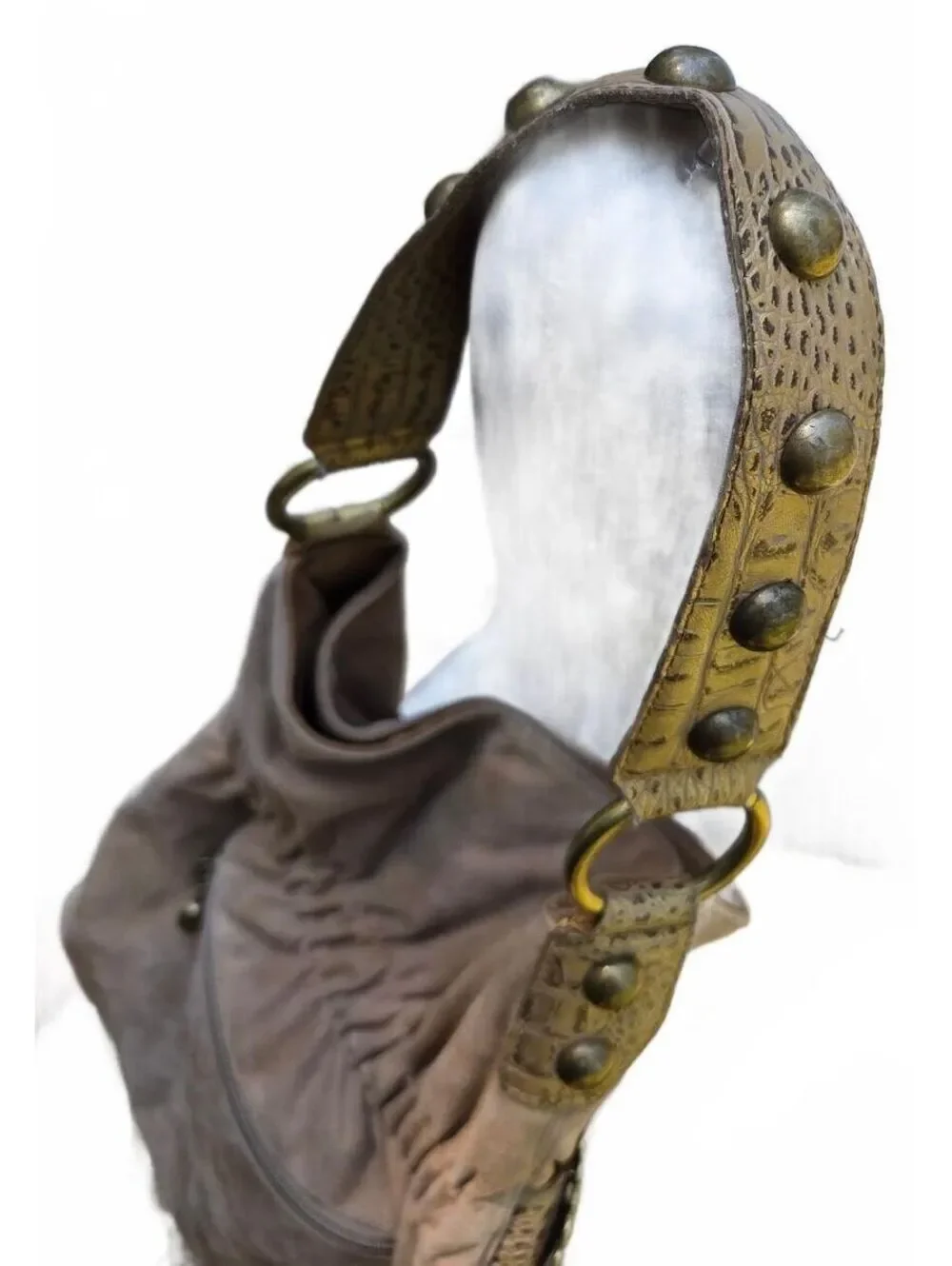 Vintage Kathy Van Zeeland Tan Faux Suede Concho Belt Studded Hobo Shoulder Bag